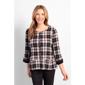 Habitat Womens Plaid Frayed Hem Button Top Black/White Size L